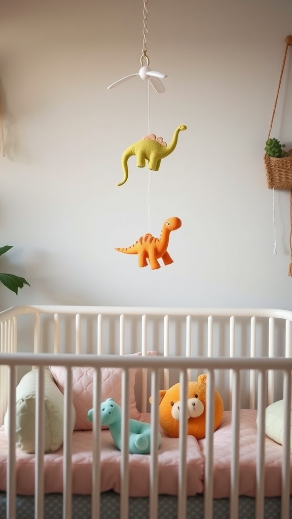 Colorful dinosaur mobile hanging over a crib with soft plush toys in the crib
