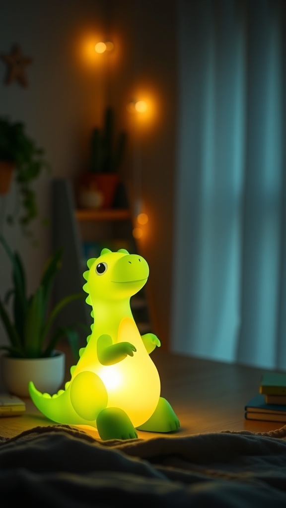 A cute green dinosaur night light glowing softly in a cozy room