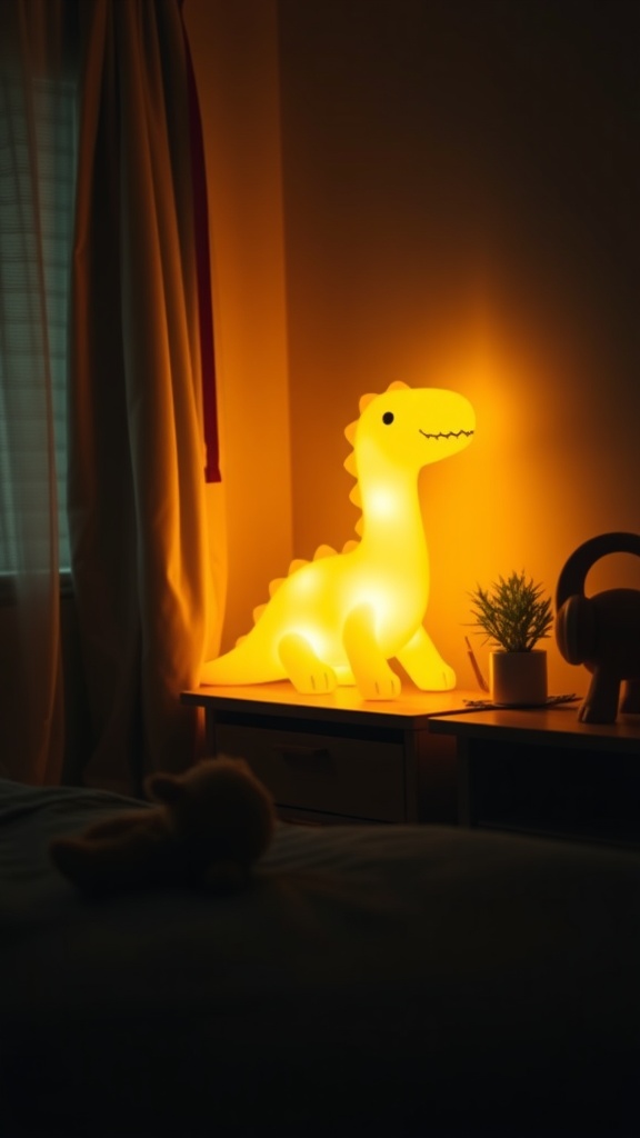 A dinosaur-shaped night light glowing softly in a toddler's room