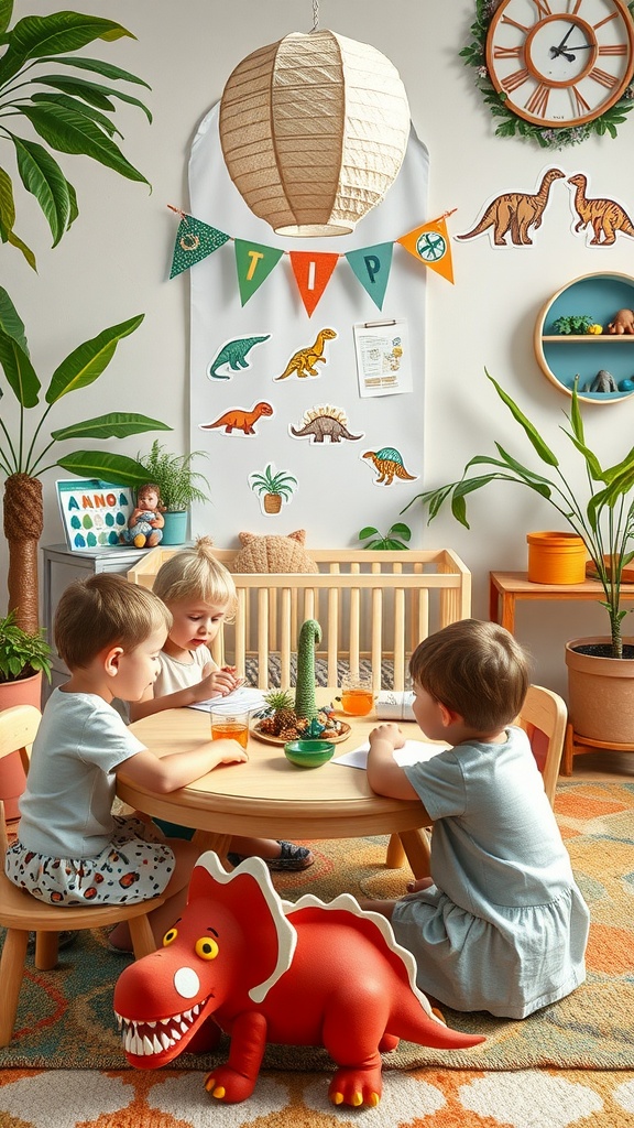 Children engaged in activities in a dinosaur-themed nursery