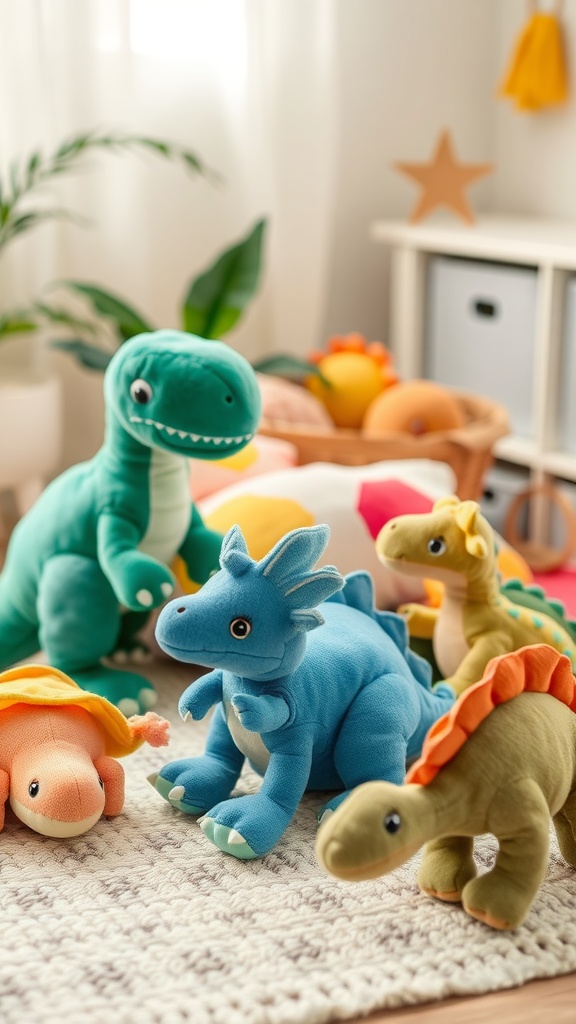 A collection of colorful dinosaur plush toys in a toddler's room.