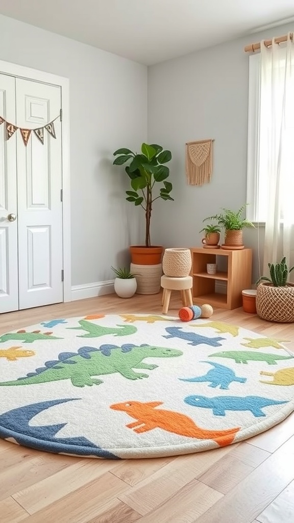 A round dinosaur rug with colorful dinosaur designs in a toddler's room