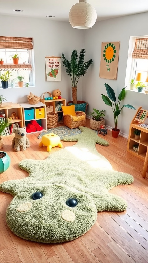 A playful dinosaur-shaped rug in a bright and colorful nursery with toys and plants.