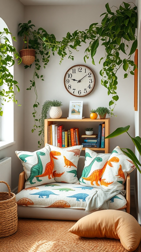 Cozy dinosaur-themed reading corner with cushions, books, and plants