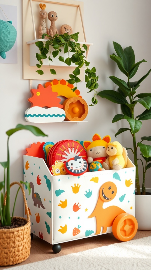 A colorful dinosaur toy organizer filled with toys, featuring playful dinosaur designs and a cheerful orange dinosaur handle.