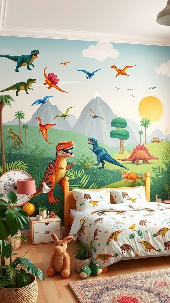 A toddler's room featuring a colorful dinosaur wall mural with various dinosaurs in a lush landscape.