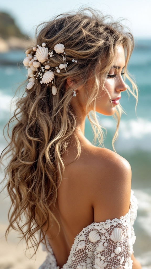 A model with disheveled beach curls adorned with shell and pearl accessories, wearing an off-shoulder dress on the beach.