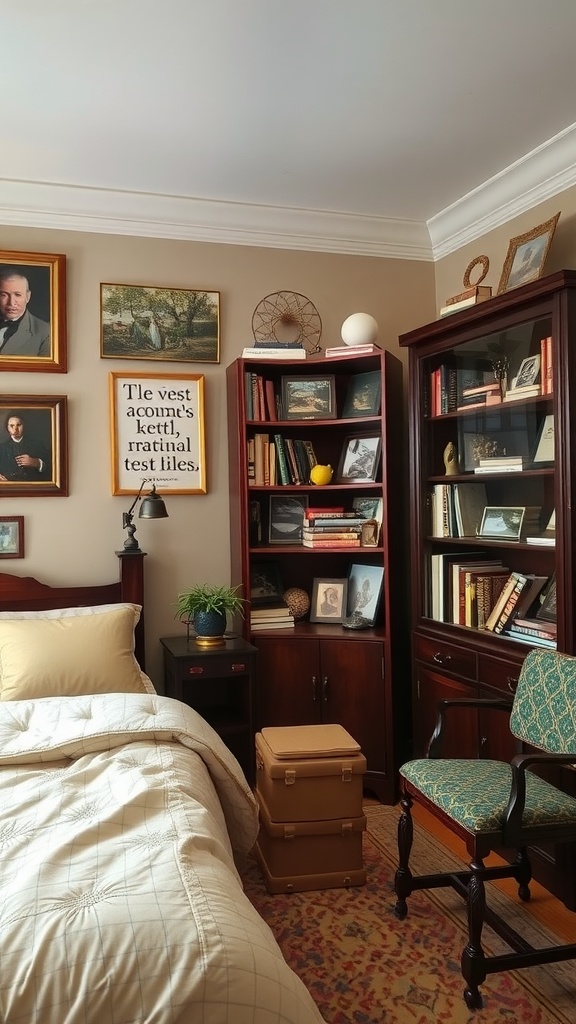 A cozy bedroom featuring a wooden display case filled with books and decorative items, beside a neatly made bed.