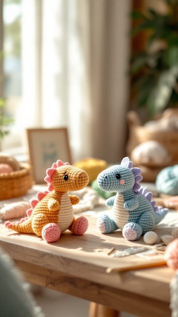 Two finished crochet dinosaurs in different colors displayed on a table with yarn and crafting supplies in a cozy setting.