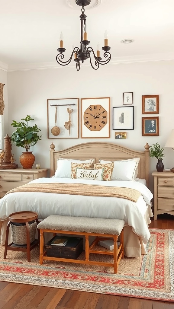 A cozy French country bedroom with vintage decor, featuring framed art, a vintage clock, and family heirlooms.