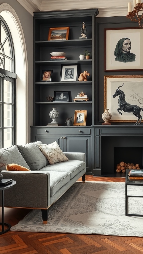A living room with dark display shelves full of artwork and decor next to a cozy couch.