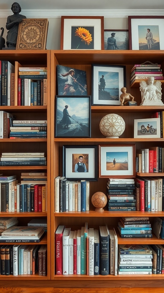 A wooden bookshelf filled with books and decorative items including framed art and a globe.