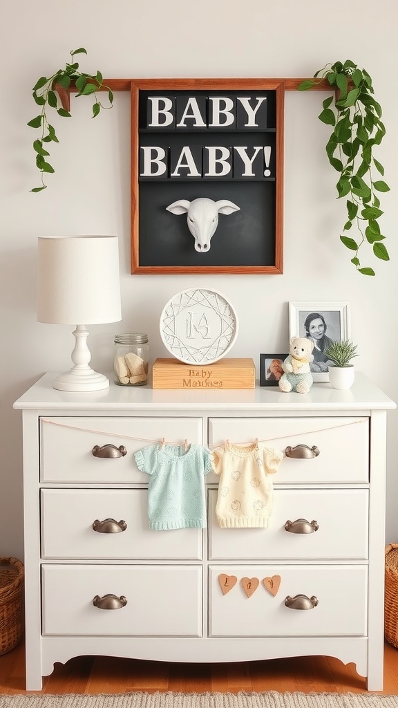 A nursery dresser featuring keepsakes including knitted baby sweaters, a decorative sign that says 'BABY BABY!', a family photo, and potted plants for decoration.