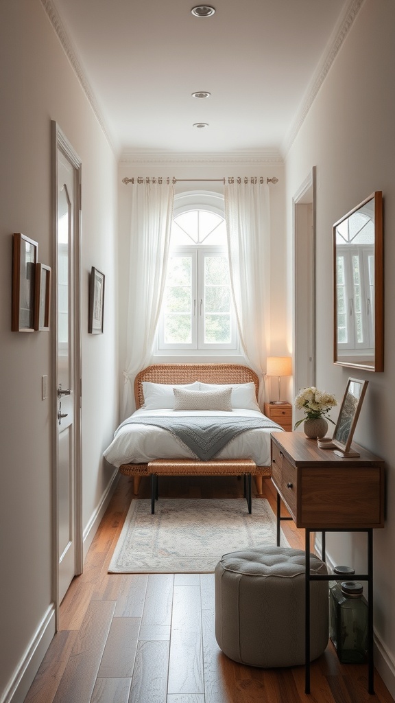 Cozy narrow entryway with a bed, console table, and framed pictures on the walls.