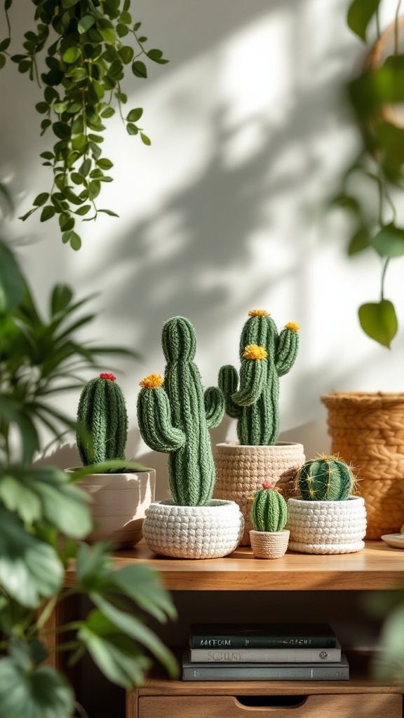 A display of crochet cacti in various pots on a wooden surface, surrounded by plants.