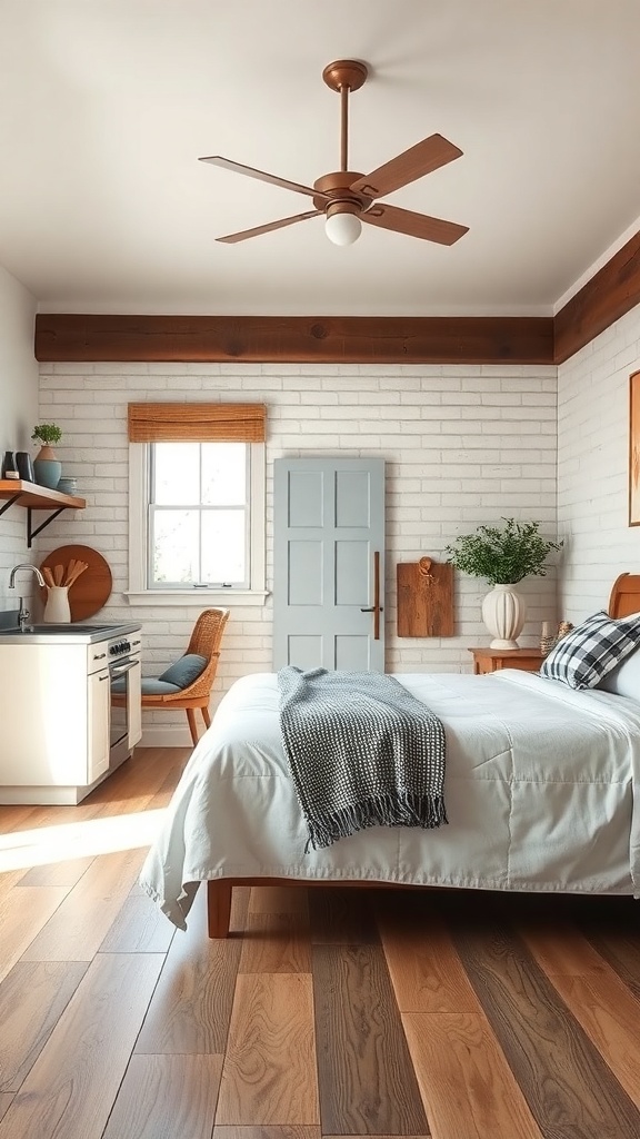 Cozy kitchen with distressed laminate flooring and warm decor
