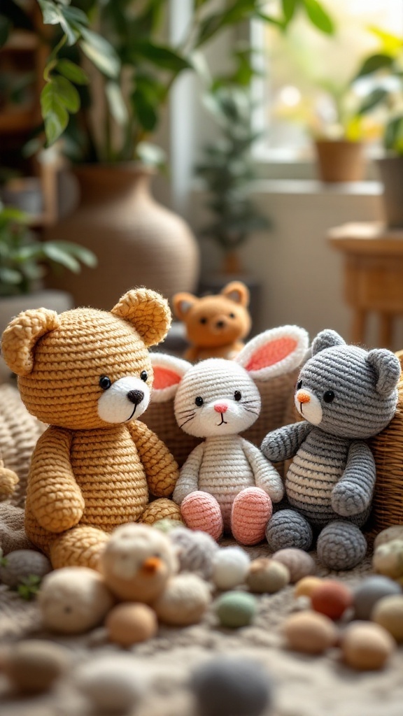 A collection of diverse crochet animal plushies including a golden bear, a white bunny, and a gray cat, surrounded by decorative elements.