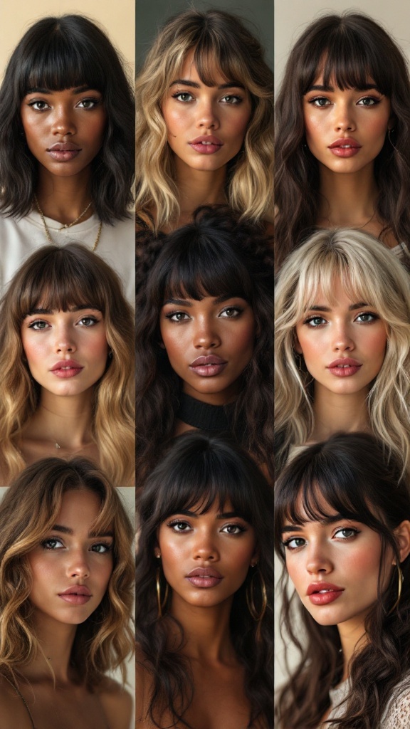 A group of women with long hair styled half up half down with bangs, showcasing diverse cultural variations.