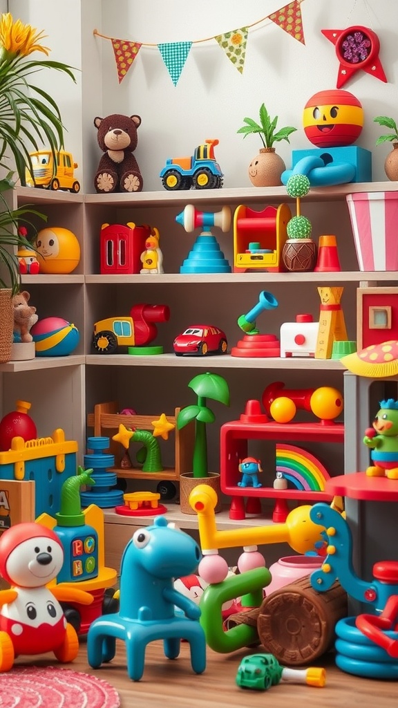 A colorful playroom shelf filled with various toys including trucks, bears, blocks, and other playful items.