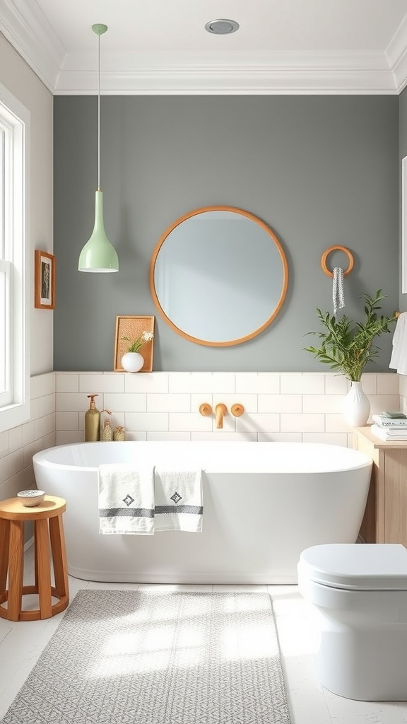 Modern bathroom with a dark gray accent wall, white bathtub, wooden accents, and green pendant light.