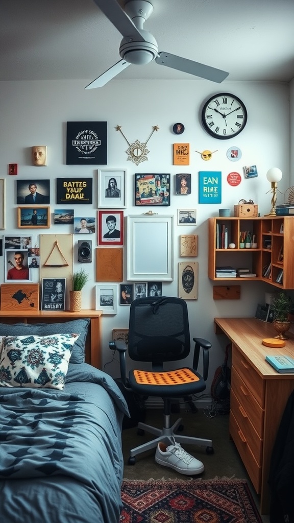 A stylish bedroom featuring a personal gallery wall with various art pieces and photographs, a cozy bed, a work desk, and decorative elements.