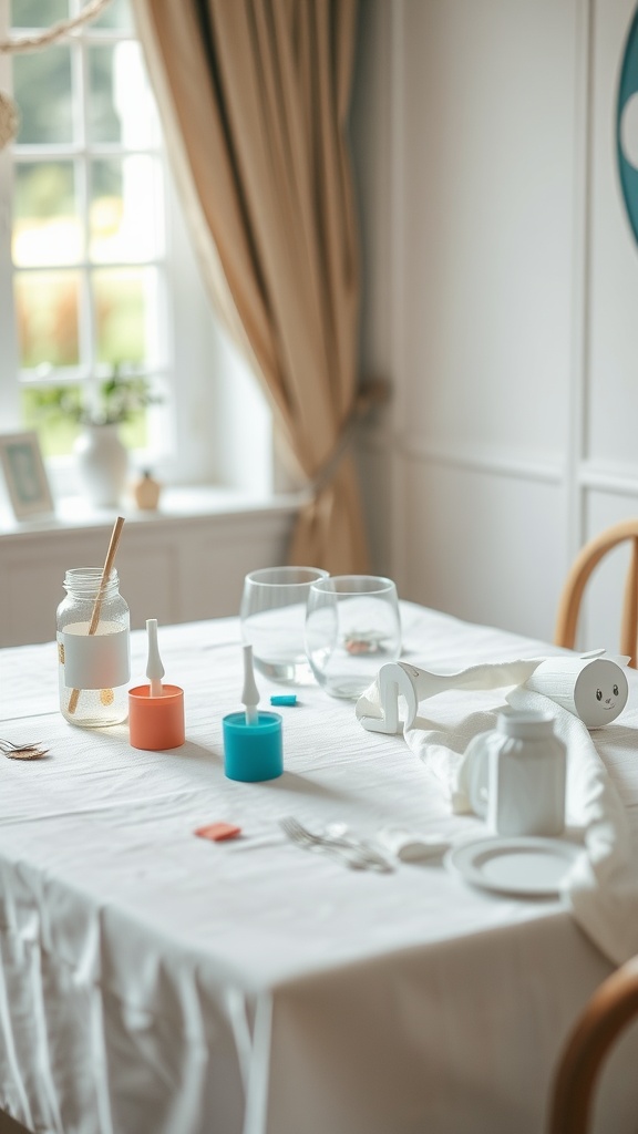 A table set up for DIY baby onesie decoration with art supplies like paints and brushes.