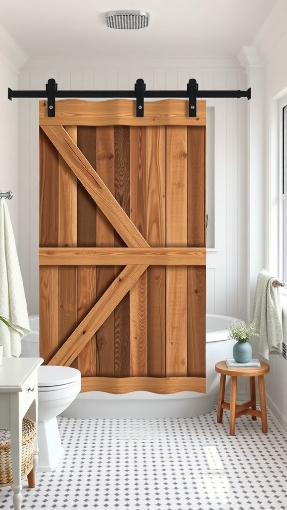 A rustic barn door shower curtain made of wooden planks in a bright bathroom setting.