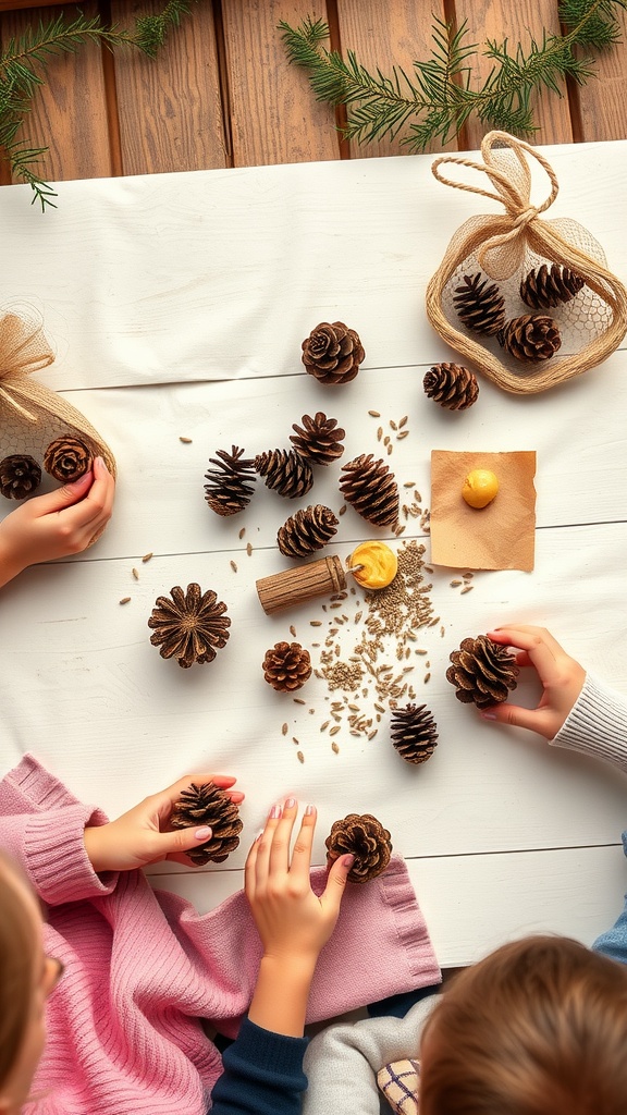 Children making bird feeders using pine cones and birdseed