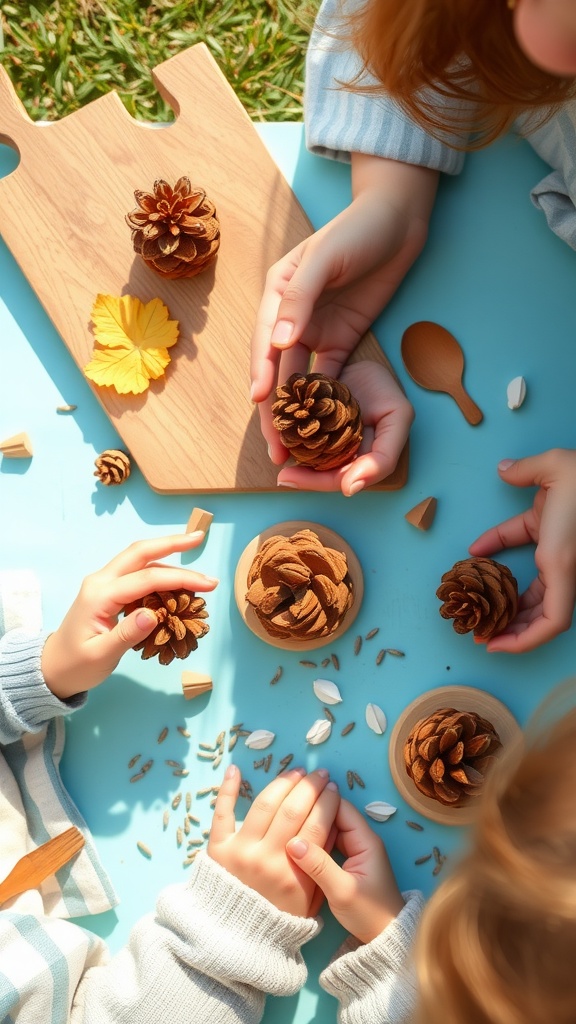 Children making DIY bird feeders from pine cones with seeds and wooden tools outdoors.