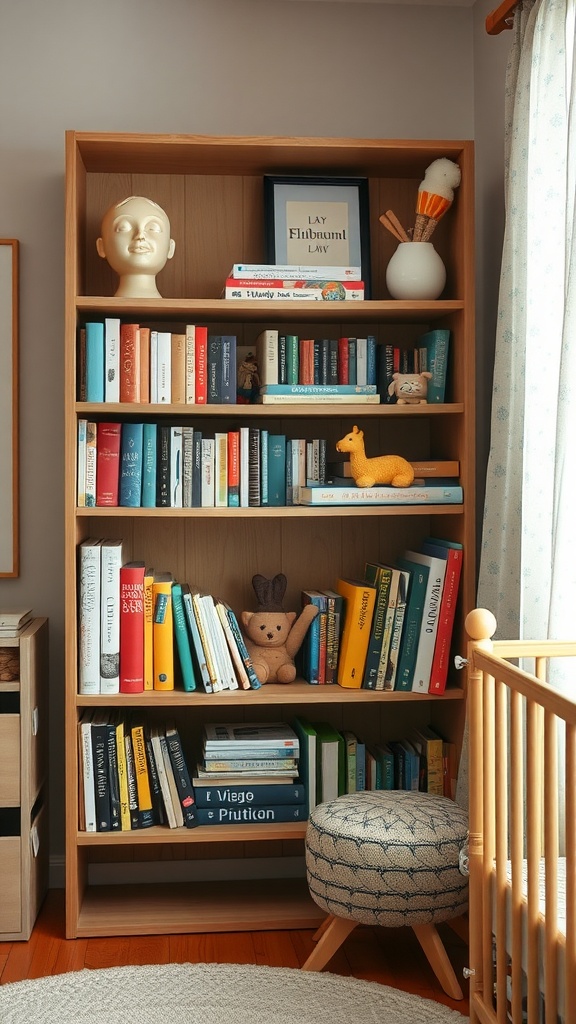A wooden bookshelf in a nursery filled with colorful books, decorative items, and plush toys.