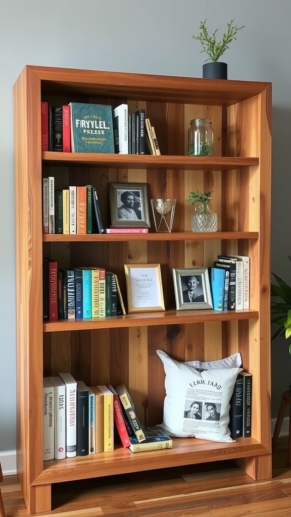 A personalized wooden bookshelf with books, decor, and a cozy pillow