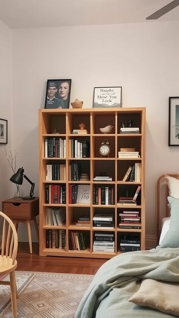 A wooden bookshelf filled with books, decorative items, and a cozy bedroom setting