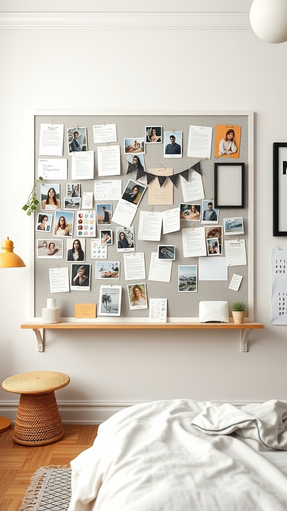 A stylish bulletin board filled with photos, notes, and decorative elements in a cozy room.