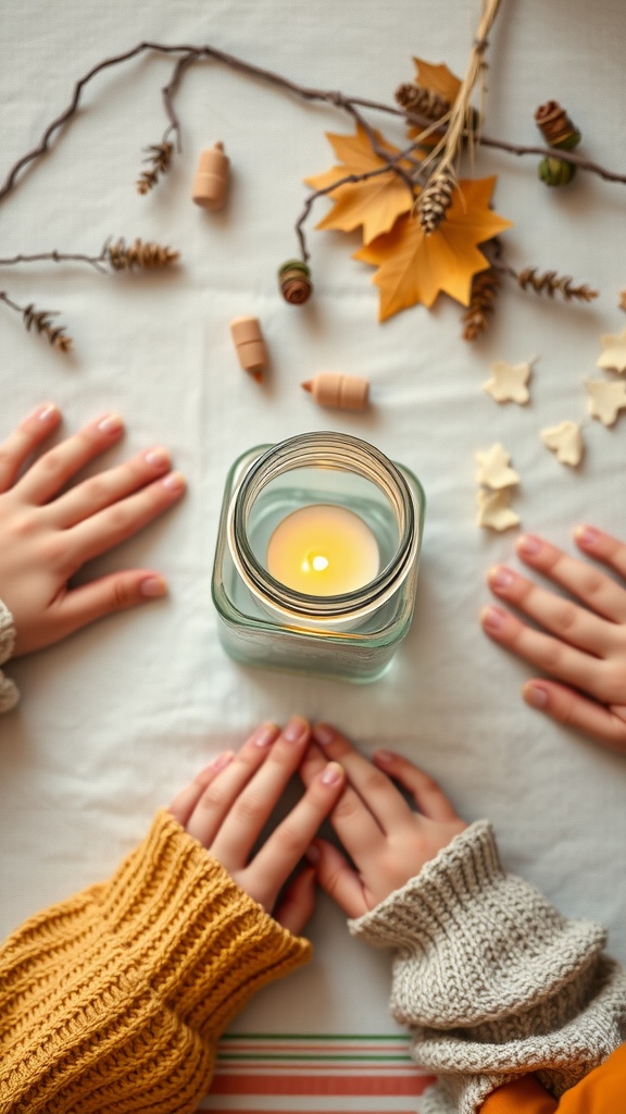 A cozy scene showing hands around a mason jar candle holder with decorative elements