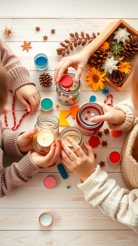 Children decorating jars for DIY candle holders with various colorful materials.