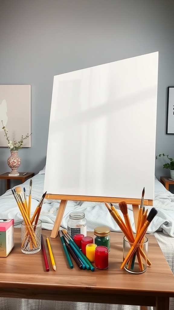 A blank canvas on an easel with colorful paints and brushes arranged on a table.
