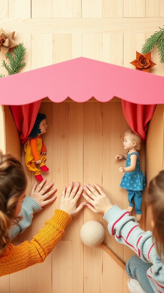Children playing with a DIY cardboard puppet theater featuring colorful dolls and a bright pink roof.
