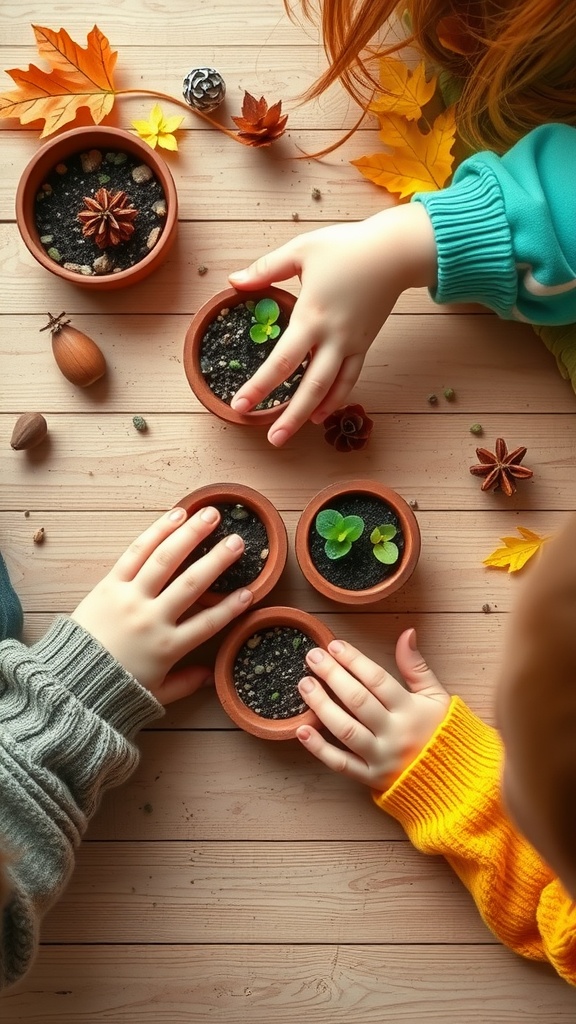 Children's hands planting seeds in small terracotta pots surrounded by autumn leaves.