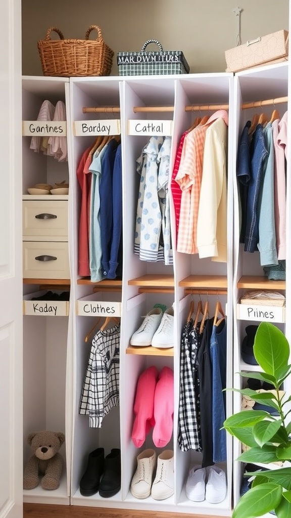 Organized kids closet with labeled sections for different clothing types.
