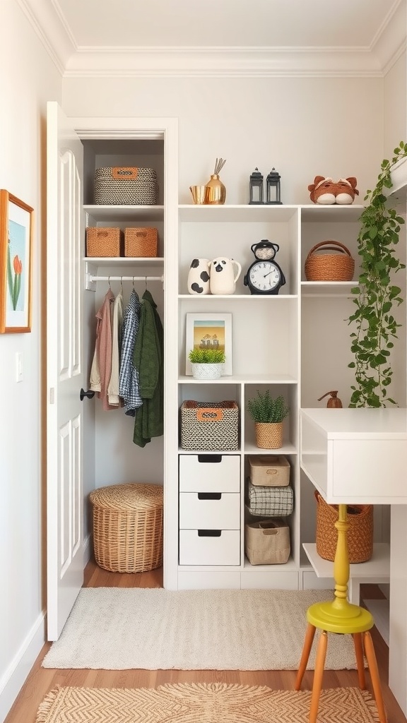A well-organized kids closet featuring shelves with baskets, a small desk, and colorful decor.