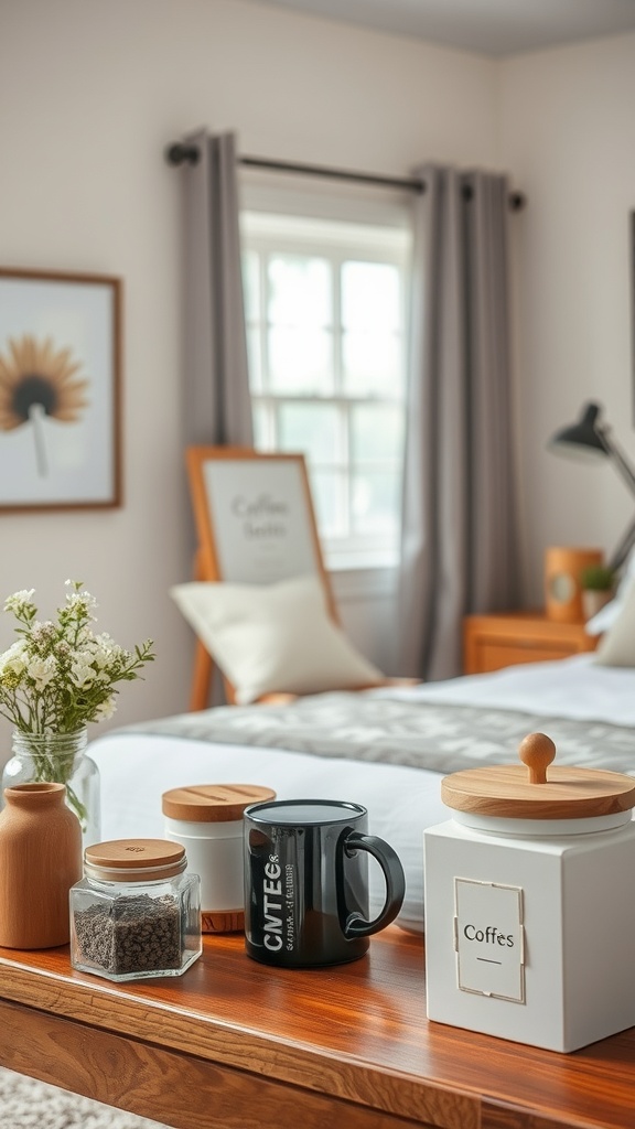 A cozy coffee bar setup featuring a black mug, glass jar with coffee beans, white container labeled 'Coffes', and fresh flowers in a vase.