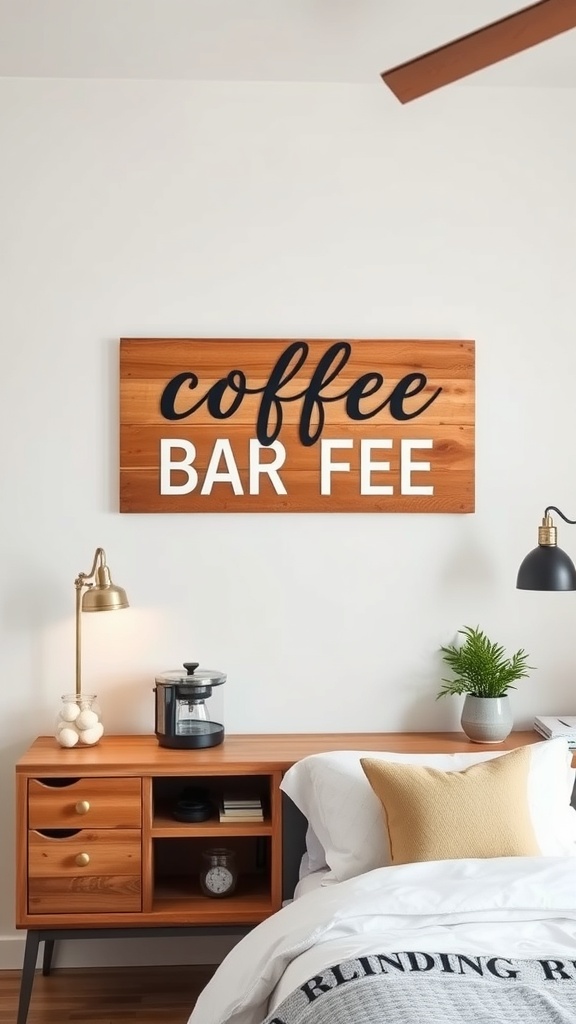 A wooden sign that says 'coffee BAR FEE' displayed above a kitchen counter with a coffee maker and decorative items.