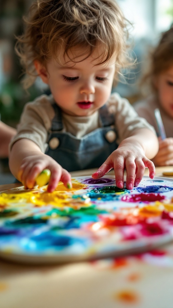 A toddler engaging in a colorful painting activity, mixing paints with their hands on a palette.