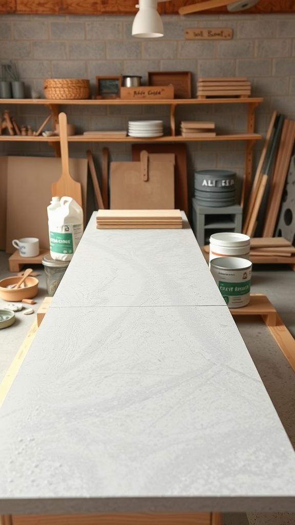 A well-lit workspace featuring a freshly poured concrete countertop, tools, and wooden supplies in the background.