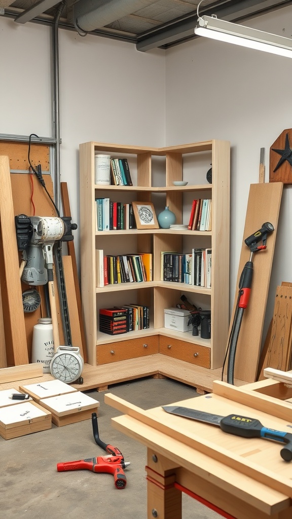 A wooden corner bookshelf under construction in a workshop, surrounded by tools and materials.