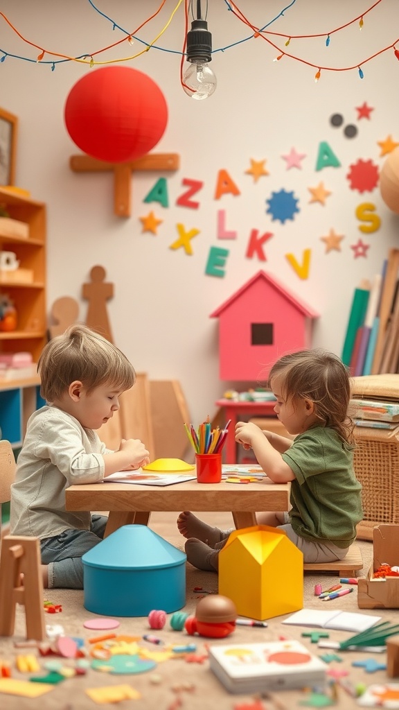 Two children crafting in a colorful room filled with art supplies.
