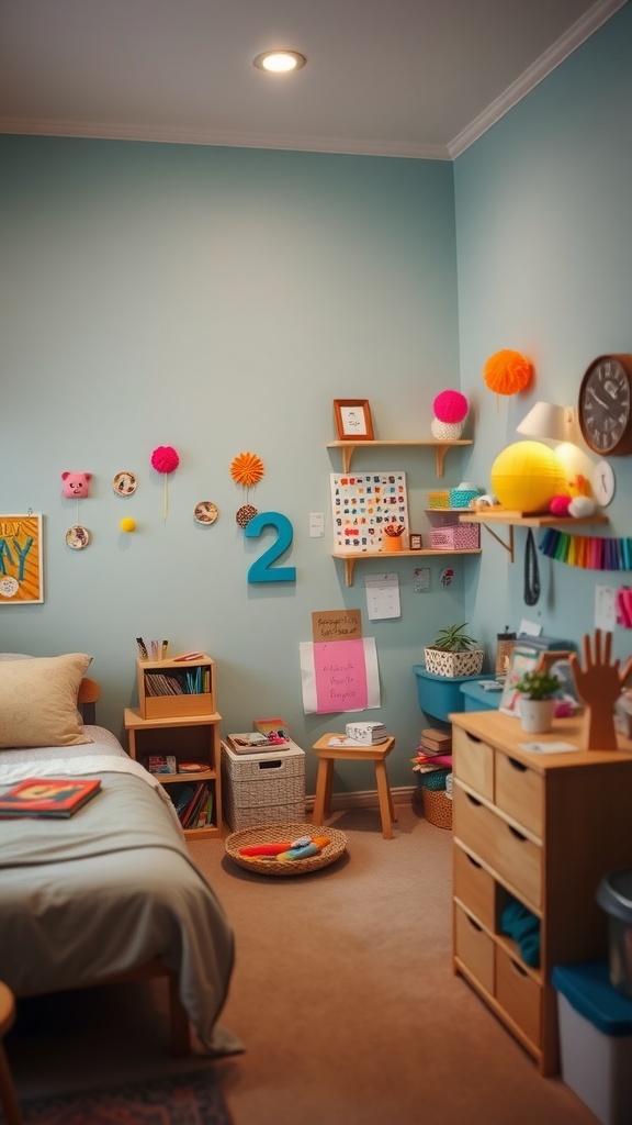 Bright DIY craft corner in a teen girl's bedroom with colorful decorations and organized supplies