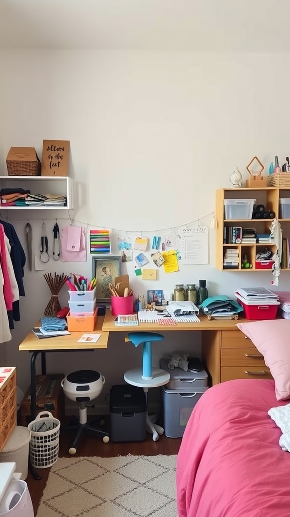A cozy DIY craft corner in a teen girl's bedroom, showcasing a desk with colorful stationery and personal notes on the wall.