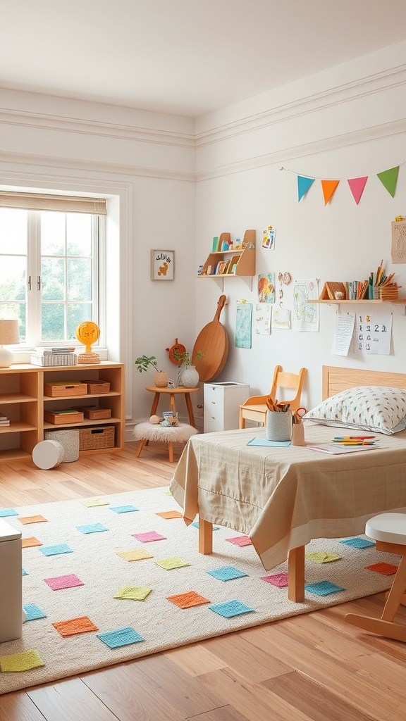 A bright and cheerful kindergarten bedroom with a DIY craft corner, featuring a colorful rug, art supplies, and a cozy table.