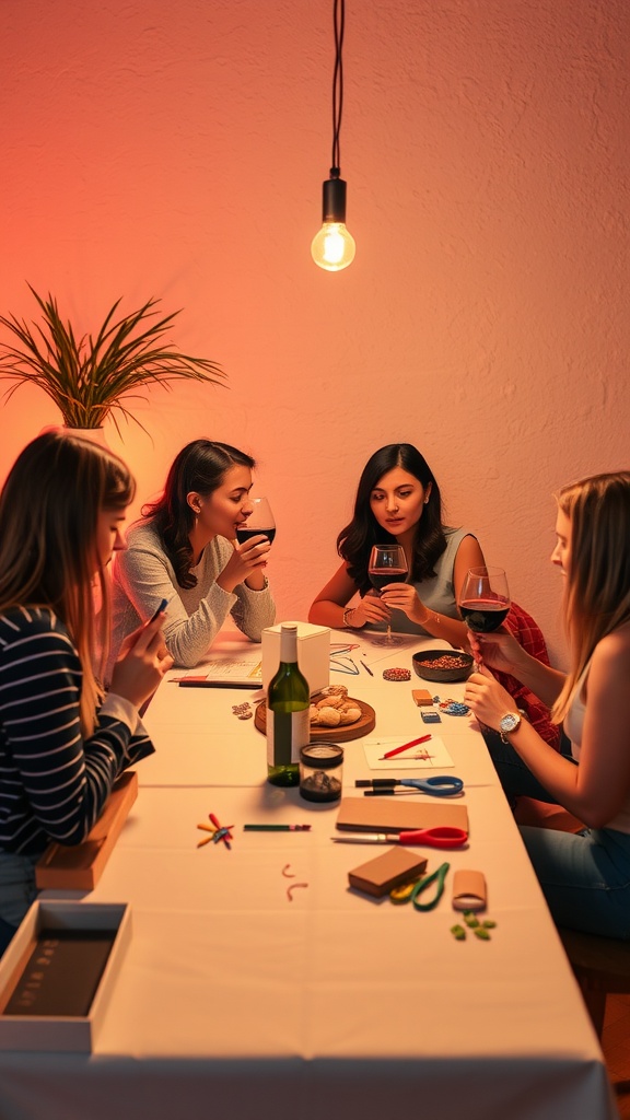 A group of friends enjoying a DIY craft night with wine and snacks.